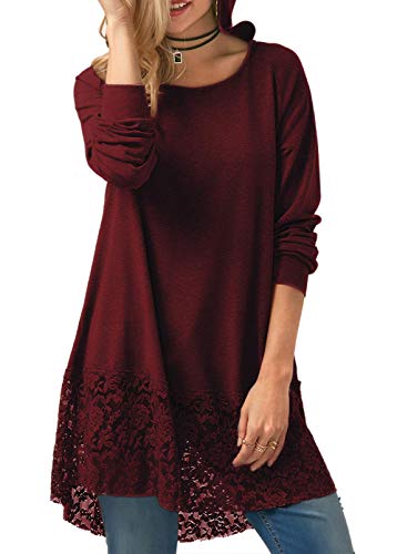 Women's Tops Long Sleeve Lace Trim O-Neck A-Line Tunic Tops with Hooded Wine Red XL