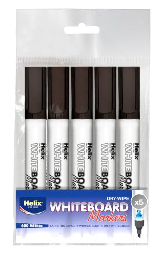 Helix Whiteboard Markers Pack of 5 Black 600 Metres Writing Length Dry-Wipe Large Ink Capacity