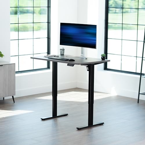 Image of VIVO Dark Gray 48 x 30 in Standing Desk, DESK-KIT-1B5G | Electric, Holds 220 lbs, Sit Stand, Height Adjustable, One-Piece Extra Deep Table Top, Memory Presets, 1B Series, Black Frame