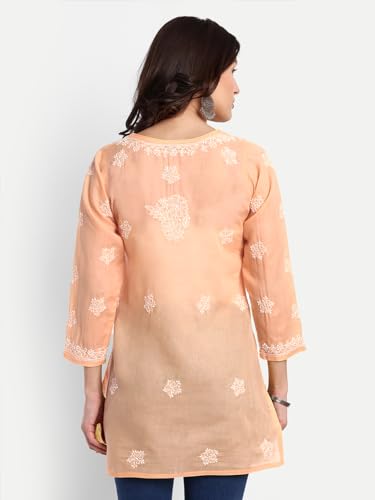 Image of Ada Hand Embroidered Lucknow Chikankari Straight Round Neck Cotton Blend Short Kurti Tunic Top for Women A911333