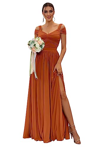 Image of SOLODISH Chiffon Bridesmaid Dresses for Wedding Burnt Orange Off The Shoulder Formal Evening Dress for Women Size 2