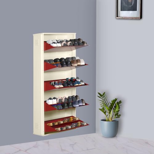 Image of DELITE KOM 29 inch Wide, 10 Shelf Metal Shoe Rack Wall Mounted for Home with Central Lock Holds Upto 36 Shoes or 60 Slippers Pair Double Decker, 1Yr Warranty, (67x29x8, Ivory Brick Red), DIY, Space Saver