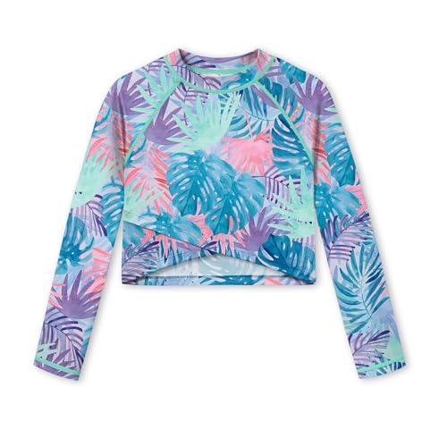 Image of BesserBay Girls Rash Guard UPF 50+ Long Sleeve Mock Neck Crossover Hem Swim Crop Top 4-14 Years