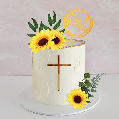 Memovan Sunflower Cake Topper 18Pcs Sunflower Cake Decoration With Gold Happy Birthday Cake Topper Sunflower Golden Palm Eucalyptus Leaves For Sunflower Boho Summer Theme Birthday Wedding Baby Shower #TOP6