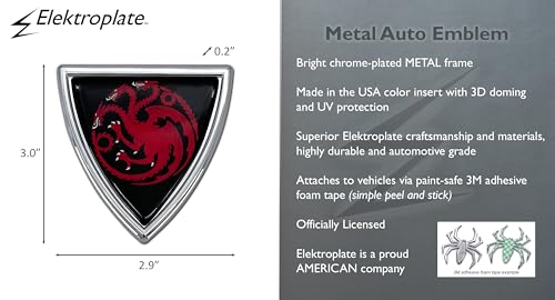 Image of Elektroplate Officially Licensed Game of Thrones House Targaryen Sigil Shield All Metal Chrome Emblem for Cars, Trucks, and All Auto | Universal Fit at 3.0 inch x 2.9 inch | Weatherproof