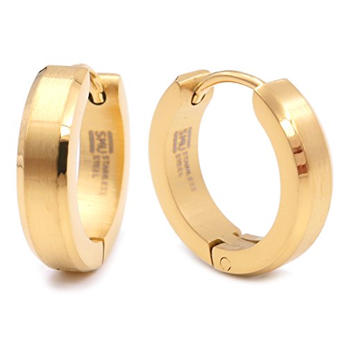 Pair Stainless Steel Bevel Edge Hoop Huggie Men Earrings Black Gold-tone Silver-tone 16mm