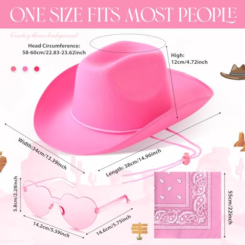 Image of Coume 6 Sets Cowboy Hat with Heart Sunglasses and Paisley Bandanas Western Cowgirl Hat for Cosplay Costume Adults(Pink)