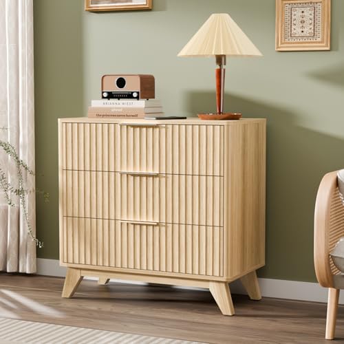 Image of VINGLI Fluted Wood Nightstand 3 Drawer, 31.5 inch W Mid Century Modern Nightstand Tall, Fluted Bedside Table, End Table, Night Stand for Bedroom, Oak, 31.5 inch W*15.96 inch D*29.72 inch H