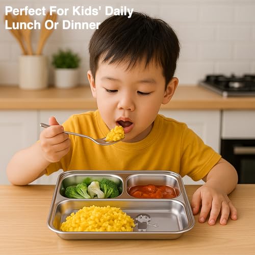 Image of Expresso - Heavy Duty Stainless Steel Square Small Dinner Plate with 3 Sections Divided Mess Trays for Kids Lunch, Camping, Events & Every Day Use Kitchenware, Cartoon Design