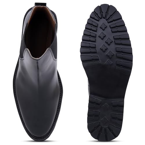 Image of LOZANO Leather Black Chelsea Boots for Men | High Ankle Boots, Soft Cushioned Insole, Slip-Resistance, Arch Support & Shock Absorption