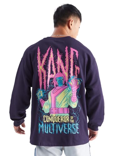 Image of The Souled Store Marvel: Kang Conqueror Mens Oversized Fit Graphic Printed Full Sleeve Cotton Purple Oversized Full Sleeve T-Shirts
