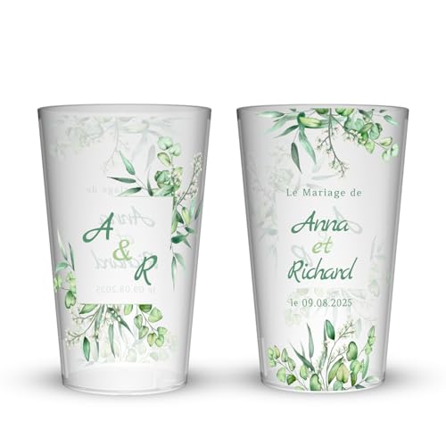 Wobz - Gobelet Personnalisé Mariage Chic & Champêtre - Impression Quadrichromie digitale - Fabriqué En France - Prénoms Et Date Personnalisables - 25 cl - Pack de 10, 25, 50, 100, 250 et 500