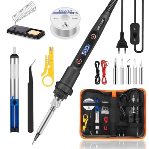 Kit de Soldadura 15-en-1 con Soldador de Estaño 80W LCD Temperatura Regulable 180-500°C, Set Completo con Pinzas y Estación, para Electrónica