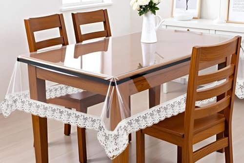 Image of The Furnishing Tree Rectangle Shaped 4 Seater Transparent Table Cover WxL 54x78 inches 0.25 mm Thickness with White Lace