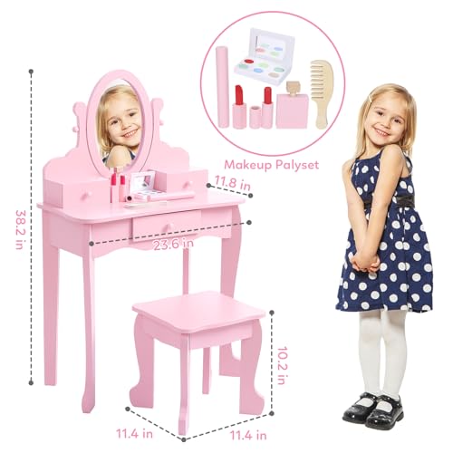 GarveeHome Girls' Vanity Set with Mirror, Makeup Table and Stool for Kids, Wood Dressup Playset for 4-9, Pink