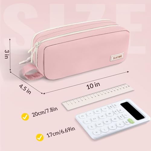 Image of SUNEE Pencil Case, Large Capacity Pencil Pouch, Aesthetic Pen Bag Office Stationery Organizer Simple Sturdy Multifunctional for Teen Girls Women Men, Pink