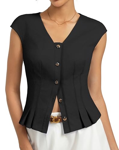 Kate Kasin Womens Button Down Crop Tops, Cap Sleeve Work Shirt, Slim Fit Cute Vest Trendy Black