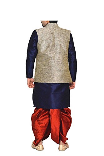 Image of Men Navy Blue Kurta Red Dhoti with Silk Grey Waistcoat Jacket