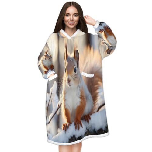 Pardick Wearable Blanket Hoodie Squirrel Oversized Fleece Hoodie Blanket Warm Sweatshirt Winter Snow Thick Hooded Blanket Gifts for Women Men
