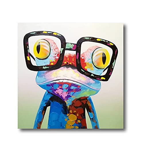LIUZIXI Handgemalte Tierölgemälde Auf Leinwand-Zusammenfassung Lustiger Frosch Mit Brille Moderne Wandkunstdekoration Für Zuhause Wohnzimmer Schlafzimmer Esszimmer Kunstwerk Bild, 80 × 80 cm Cover