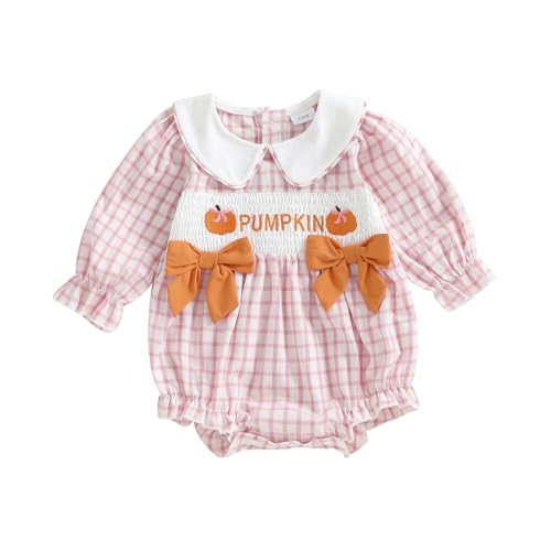 Baby Girl Halloween Outfit Pumpkin Long Sleeve Bubble Romper Bow Plaid Smocked Bodysuit Cute Newborn Fall Clothes