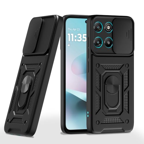 Image of Pikkme Back Cover for Motorola Moto G67 Power 5G / G57 Power 5G | 360 Protection Case | Sliding Camera Shield Cover & Ring Holder Stand D10 Tough Armor Bumper Case (Black)