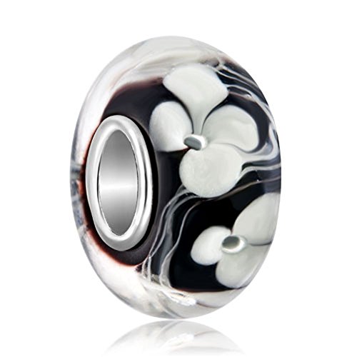 LovelyJewelry 925 Sterling Silver Charms Flower Black Lampwork Murano Glass Beads for Charm Bracelet  (Black)