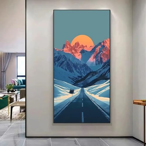 Décoration murale toile route enneigée et coucher de soleil XINBAO tableau avec cadre 20x40 cm