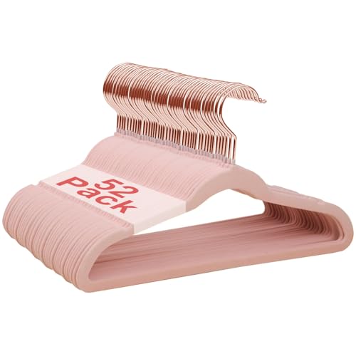 Image of Wellong Baby Velvet Hangers, 52 Packs Kids Clothes Hangers, Non-Slip Childrens Hangers with Shoulder Notches, Storage Organizer Clothing Hangers for Infant and Toddler Pink (Rose Gold Hook)