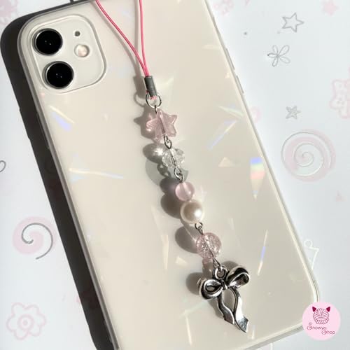 Image of SNOWY SHOP Korean Silver Bow Phone Charm - Cute Heart & Starfish Pendant | Aesthetic Korean Mobile Chain, Bag Hanging & Keychain Jewelry for Girls & Women