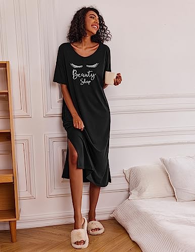 Ekouaer Women's Nightgowns Plus Size Loungewear Long Nightshirt Sleepwear Gown For Mom Or Granny With Pockets Black Xxl #TOP25