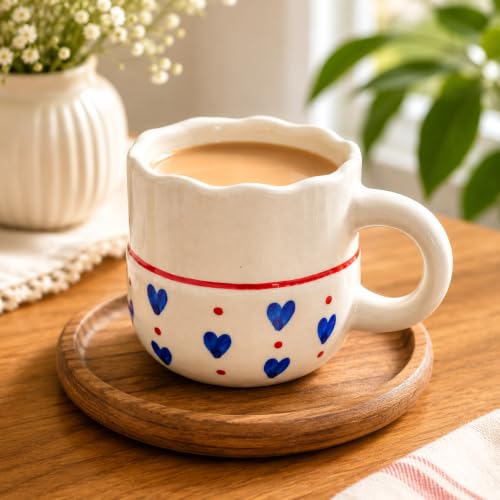 Image of Niyara Stoneware Handmade Premium Ceramic Tea Cups and Coffee Mugs Set of 2 (Blue Heart Printed)