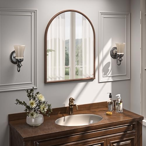 Image of 28 inchx36 inch Arch Wall Mirror for Wall, Wall Mounted Vanity Mirror for Bedroom, Wood Grain Finish Frame Mirror with Tempered Glass, Vintage Decorative for Bathroom, Entryway, Living Room, Walnut