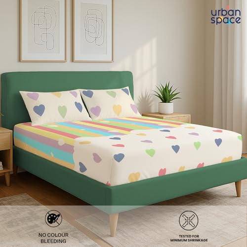 Image of Urban Space 144 TC Divine 100% Cotton Bedsheet for King Bed, Cotton Bedsheet with 2 Pillow Covers (Size 108 x 108 inches, Rainbow Hearts, King Size)