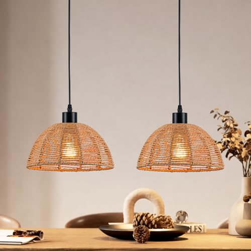 Glarmeres 9.84' Boho Rattan Pendant Light 2-Pack Vintage Farmhouse Modern Retro Wicker Pendant...
