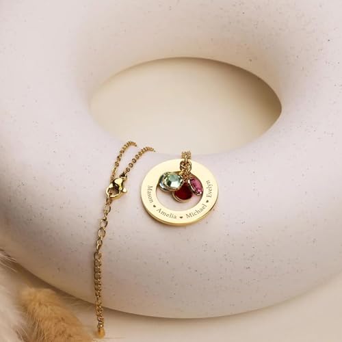 Custom Birthstone Necklace Personalized Necklaces with 1-6 Engraved Names & Birthstones for Mom Grandma Women Custom Family Jewelry Gifts for Christmas Birthday Mother's Day