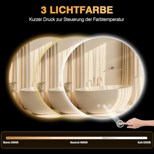 PESENXAN Badezimmerspiegel mit Beleuchtung 70cm, LED Spiegel Bad mit Licht, 3 Lichtfarben, Antibeschlag, Dimmbar, Touch-Schalter… – Ansicht 2