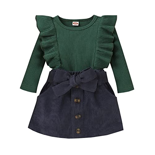 Image of fhutpw Baby Toddler Girl Outfits Fall Winter Clothes Turtleneck Knitted Cotton Long Sleeves Tops & Button Mini Skirts Set