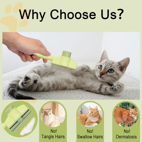 Image of Dogs and Cats Comb with Release Button, Pet Hair Removal Tools with Safe Stainless Steel Teeth for Deshedding, Cat Grooming Supplies for Long /Short Hair, Cat Brush for Shedding, Green