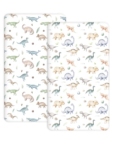 Image of Crib Sheets for Boys and Girls, 2 Pack Fitted Baby Sheets for Standard Toddler Mattress 28 inch x 52 inch, Soft Breathable Jersey Knit Baby Bedding (Dino Pals)