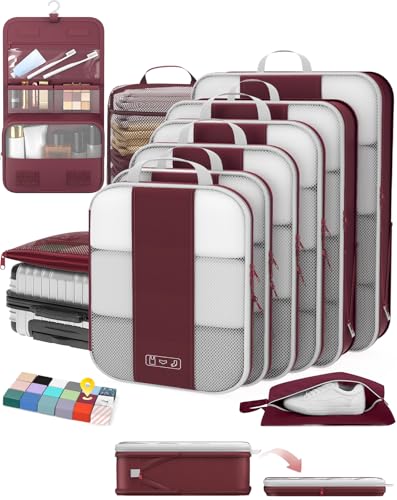 Image of OlarHike 10-Pack Compression Packing Cubes for Travel Essentials,Compressible Expandable Packing Cubes for Suitcase,Luggage Garment Bags for Travel,Handy Helper for Organizing Clothes(Wine Red)