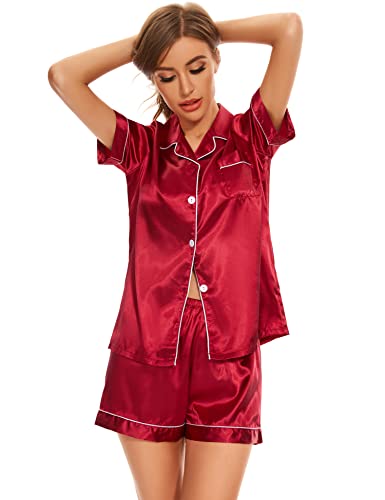 Women's Silk Pajama Sets Satin Sleepwear Button Down Short Sleeve Pj Tops and Shorts 2-Piece Loungewear3