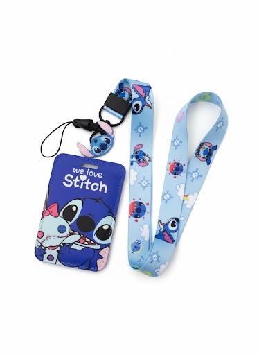 Globalests Cute Cartoon ID Holder Set for Students – Colorful Badge Card Holder with Safety Clip & Detachable Neck Lanyard Plastic for School, Bus, Office & Campus Use – Fun Gift for Kids & Teens Blue