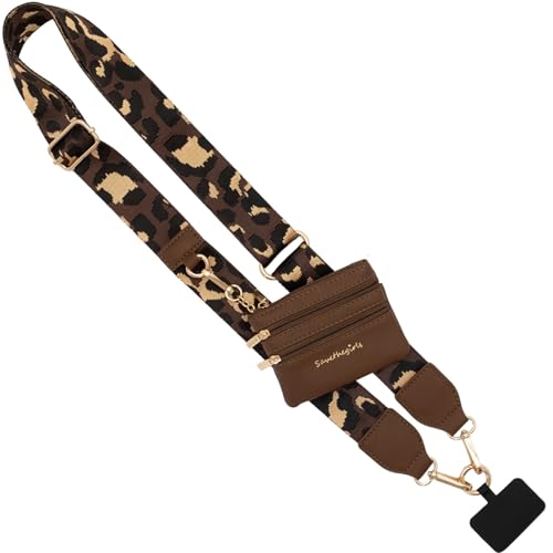 Image of Save the Girls Original Clip and Go Phone Strap (Leopard Brown /Gold - Brown Pouch) - Crossbody Phone Strap Chain with Zipper Wallet - Phone Lanyard with Zippered Pouch
