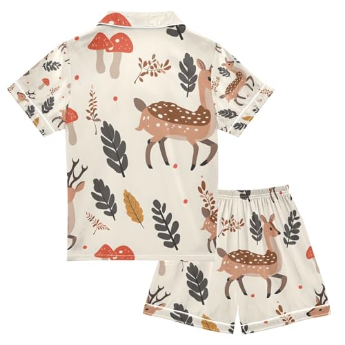 senya Deer with Mushroom Satin Summer Pajama Sets Silk Short Sleeve Button Down Sleepwear2