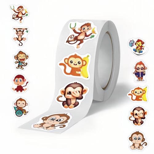 500 PC Cartoon Monkey Roll Stickers for Teens, Round Seal Label Stickers Different Cartoon Monkey Sticker 1 inch Cute Self Adhesive Gift Stickers Envelope Seals Paster Motivational Rewards