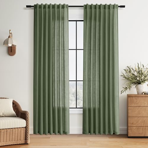 Image of Nanspring Linen Curtains 84 Inch Long for Living Room Back Tab Forest green