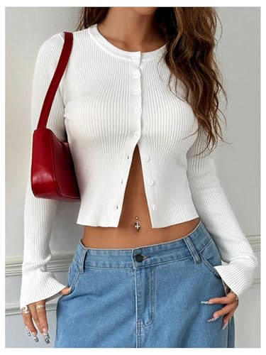 WDIRARA Women's Rib Knit Button Down Sweater Cardigan Long Sleeve Crew Neck Knitted Pullover3