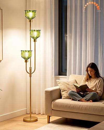 Image of 3-Lights Modern Glass Floor Lamp 66IN Gold Dimmable Floor Lamps with 3000K Warm White Bulbs for Wedding Party Tall Standing Lamp with Green Glass Shade for Living Room /Bedroom /Girls Room