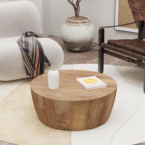 30 Round Coffee Table Drum Coffee Tables for Living Room Vintage Reversible Wooden Coffee Table Mid Century Modern Center Table Tea Table for Bedroom or Office No Need Assembly
